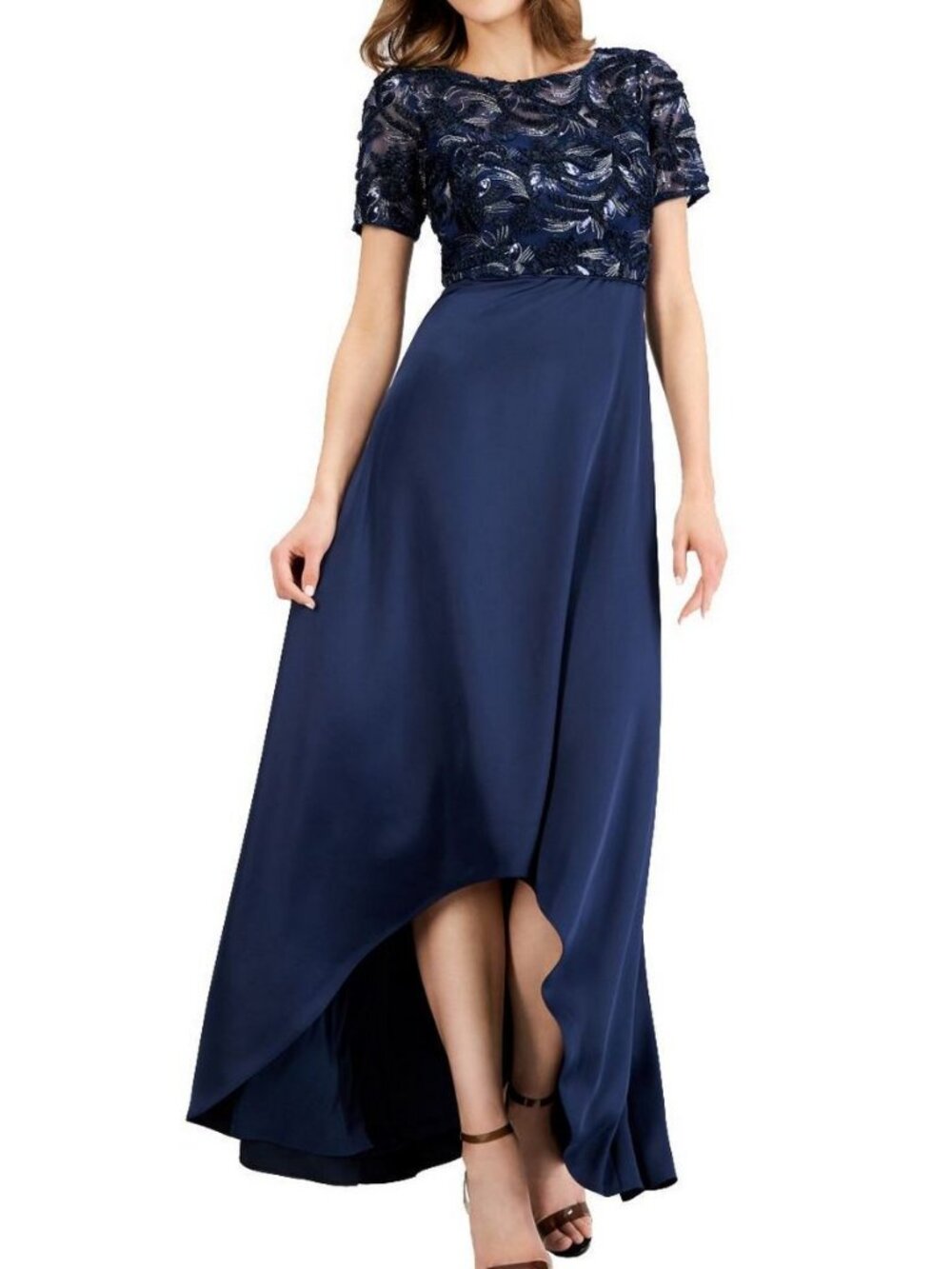 Adrianna Papell Soutache Long Dress Size 10 Midnight Blue Sequin Gown Evening
